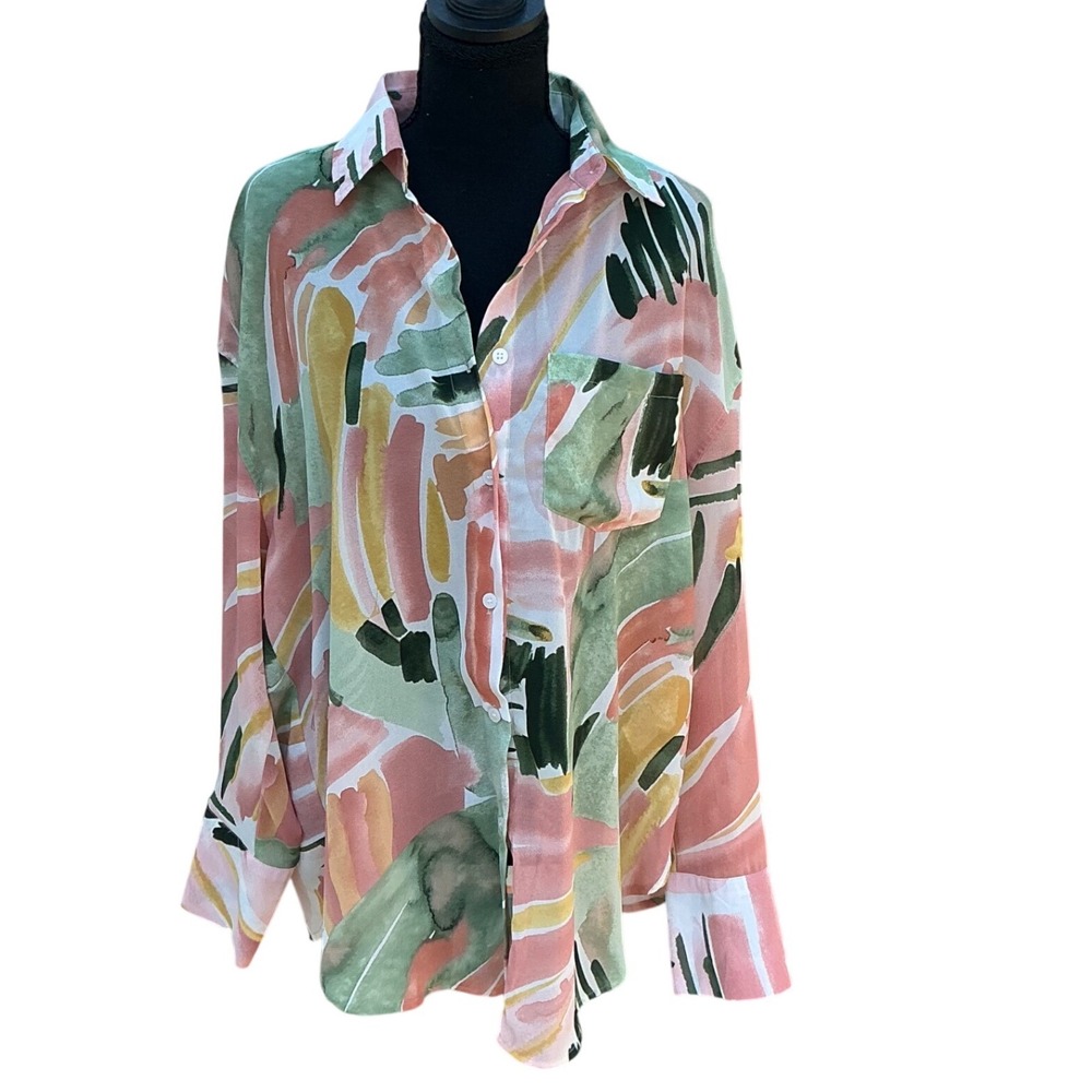 ANDTHEWHY Abstract‎ Watercolor Brushstroke Button Down Shirt Pink Green Pastel M